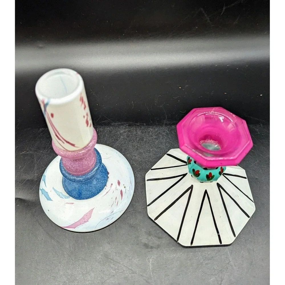 Vintage Hand Blown Art Glass Candle Holder Candlestick Signed White Pink